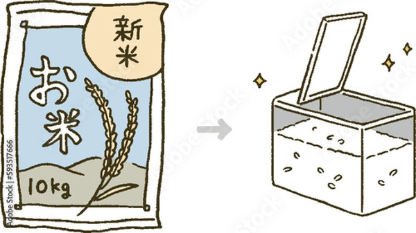 Obraz ライスストッカーとお米の袋のイラストレーションセット