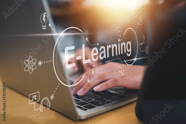 Fototapeta e-learning, education, learn, study, training, invitation, assistant, knowledge, management, course.