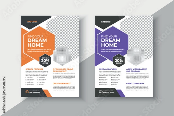 Fototapeta Real Estate clean and modern flyer design template, Real estate business advertising flyer poster design template, Multipurpose business property flyer brochure Template, Modern Home Sale vector flyer