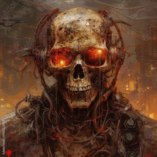 Fototapeta Terrifying industrial steampunk skeleton soldier of wires and chains with burning red eyes skull, soulless monstrosity designed for death and decay. No mercy, only fear and evil horror - generative AI