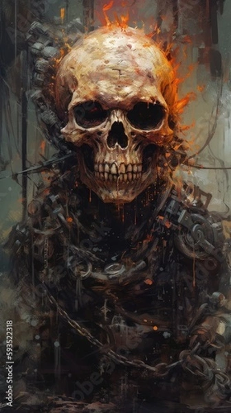 Fototapeta Terrifying industrial steampunk skeleton soldier of wires and chains with black void eyes, soulless monstrosity designed for death and decay. No mercy, only fear and evil horror - generative AI