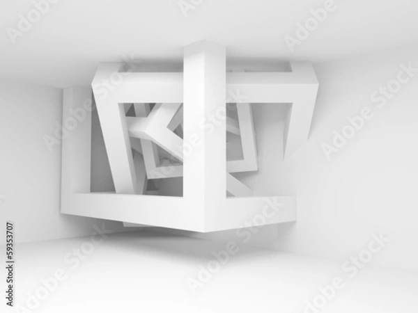 Fototapeta White room interior with abstract construction of 3d cubes