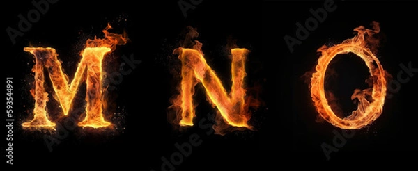 Fototapeta Alphabet capital letters M, N, O made with blazing fire flame. Generative art	