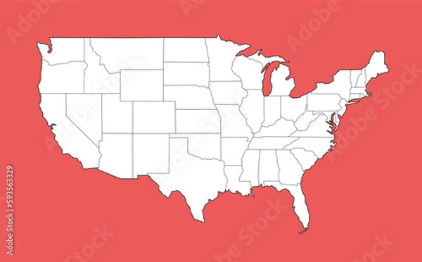 Obraz United States of America map in white style isolated on red background. Vector illustration.