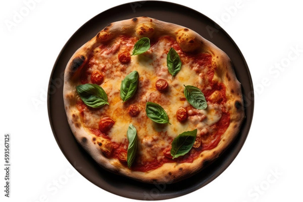 Fototapeta Pizza Quattro Formaggi On Black Plate, Top View. On An Isolated Transparent Background, Png. Generative AI