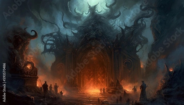 Fototapeta Portal to hell, featuring a terrifying gateway with fiery flames, smoke, and demonic creatures. The scene exudes an overwhelming sense of danger and dread, reminiscent of Dante's vision of the inferno