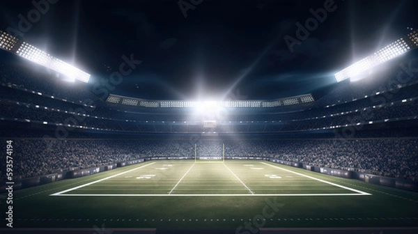 Obraz American football stadium 3d with bright floodlights at night. Generative AI.