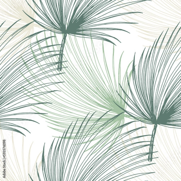 Fototapeta Vector seamless pattern with palm leaves. Hand drawn tropical repeat ornament of blossoms in sketch style. Usable for wrapping paper, covers, textile.