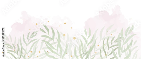 Fototapeta Abstract botanical vector background. Watercolor art and green eucalyptus leaves with golden splash on white background. Elegant illustration for design, wall decor, print, fabric, banner.