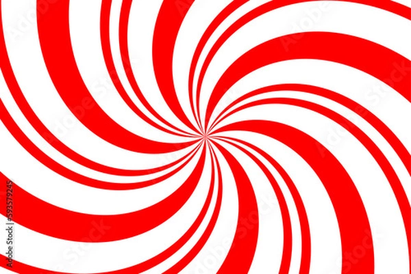 Obraz Red and white spiral background. Candy cane colors whirl backdrop. Abstract striped vintage pattern. Pop art whirlpool. Twisted backdrop. Swirl lollipop hypnotic rotation effect. Vector illustration. 