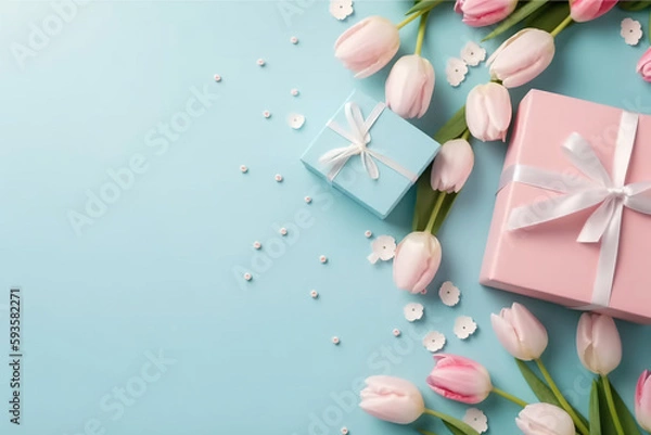 Fototapeta Birthday, valentines, wedding, mothers day. Tulips, present box. Festive. Copy space. Top view concept. Pink and blue. 