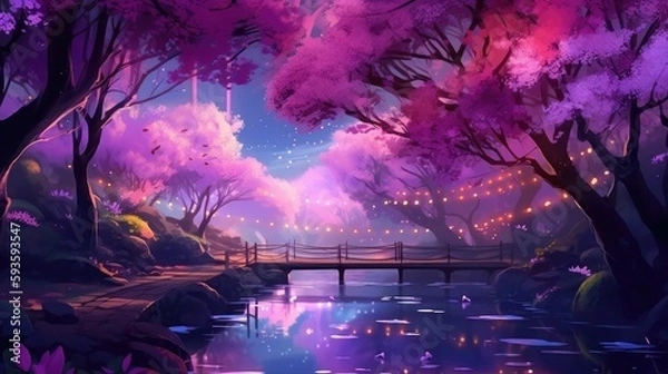 Fototapeta A beautiful river crossing a cherry blossom magical forest at night. Kawaii digital art made with generative AI.