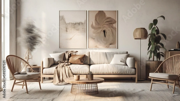 Fototapeta Chic Living Room Interior with Mockup Frame Poster, Modern interior design, 3D render, 3D illustration