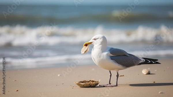 Obraz A beach scene with a seagull holding a clam in its beak. Generative AI