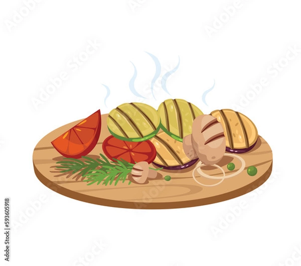 Fototapeta Concept Grill barbecue dish plate. The illustration features a flat vector design of a barbecue dish plate on a white background. Vector illustration.