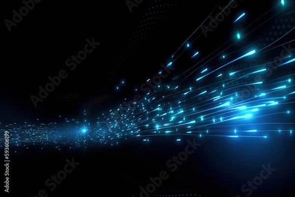 Fototapeta black blue tech futuristic background, light, abstract glowing rays with flickering particles, plasma clot of energy, lines, dots, science and technology, network, generative ai.