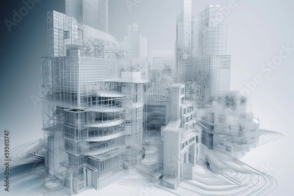 Obraz 3D buildings emerging form architectural drawings