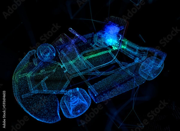 Fototapeta Karting car. Blue particle and lines form 3d model Kart