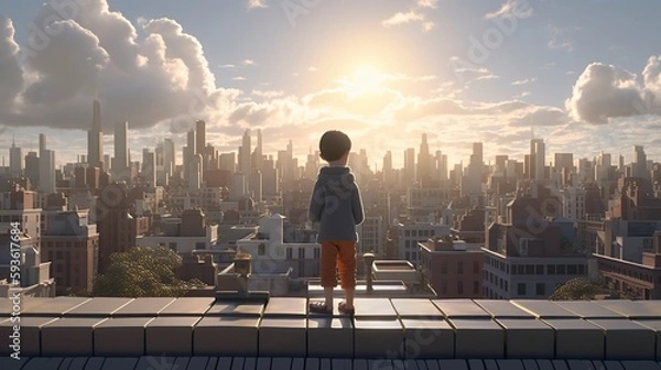 Fototapeta illustration, image of a boy with his back standing looking at the big city, ai generative.