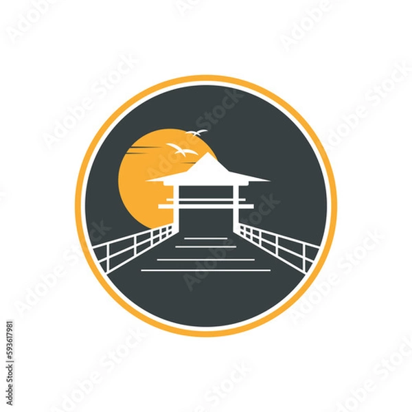 Fototapeta logo design with the silhouette of a gazebo on the beach with a beautiful sun view.