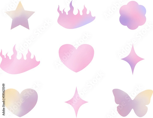 Fototapeta y2k trendy gradient stickers, butterfly, star, heart, 90s and 2000s style, nostalgia, glamorous, vector illustration