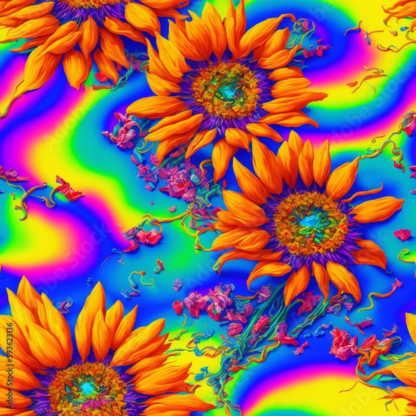 Fototapeta Colorful Psychedelic Seamless Impasto Flowers, 3d Flowers