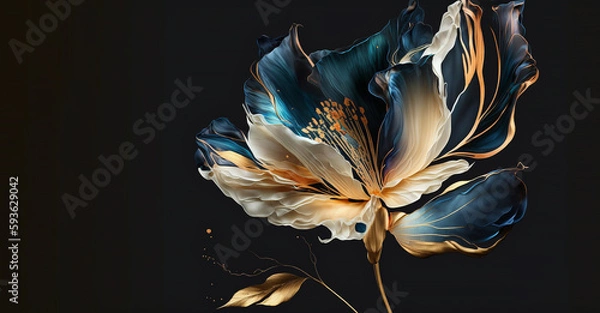 Fototapeta a wallpaper botanical flowers with one big flower for whole artwork flowing alcohol ink style bioluminescence navy blue background, white, gold, generative ai.