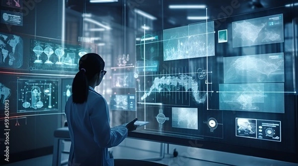 Fototapeta A woman looking at medical monitors in front of a computer screen, in the style of sci-fi environments. machine learning in healthcare, dashboard, AI interface