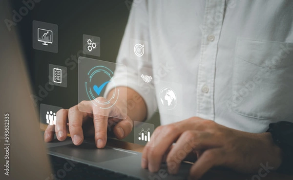 Fototapeta Entrepreneur point at certificate icon that show top service quality standard in business or commercial service certification. Quality assurance formal concept in organization.