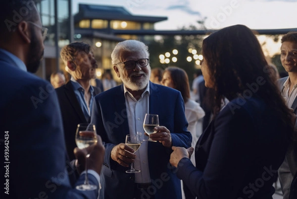 Fototapeta Diverse business people of different ages and races, having a business cocktail on a terrace in the evening. Generative AI