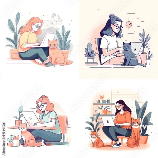 Fototapeta illustration of a focused woman developer working on a laptop with a cat