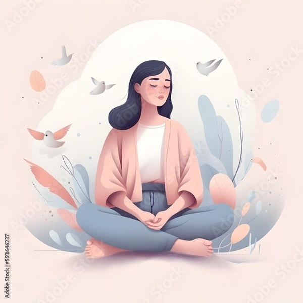 Fototapeta illustration of a serene woman practicing mindfulness meditation with a peaceful expression
