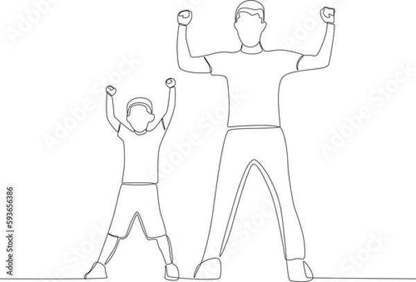 Fototapeta A child and father stood up raising and clenching fists. Father's Day one-line drawing
