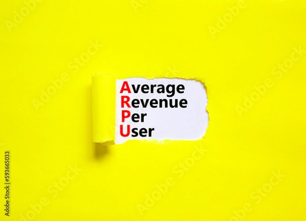 Fototapeta ARPU average revenue per user symbol. Concept words ARPU average revenue per user on white paper on beautiful yellow background. Business ARPU average revenue per user concept. Copy space.