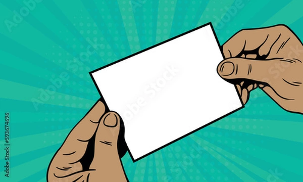 Fototapeta Pop art background with male hands holding a blank card for your offer. Vector colorful hand drawn illustration