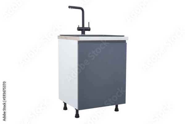Fototapeta Kitchen cabinet with sink and faucet isolated on white