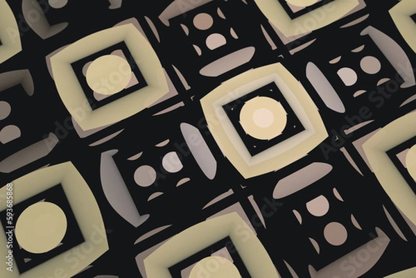 Fototapeta Yellow gray pattern of crooked squares on a black background. Abstract fractal 3D rendering