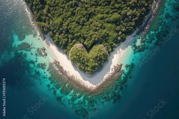 Fototapeta Tropical island in shape of heart, top view. Luxury resort at private island. Created with Generative AI