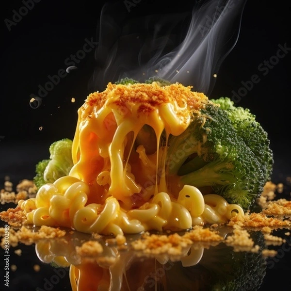 Fototapeta Funny Broccoli Mac and Cheese - Generative Ai Illustration