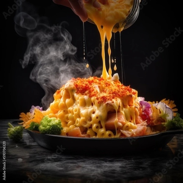 Fototapeta Macaroni and Cheese Smoked Salmon  - Generative Ai Illustration