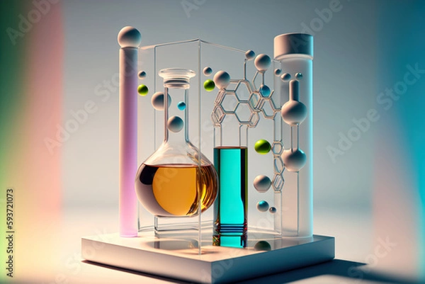 Fototapeta Perfumery production laboratory. Perfume bottles. Liquid essence oil with a molecule. Generative AI.