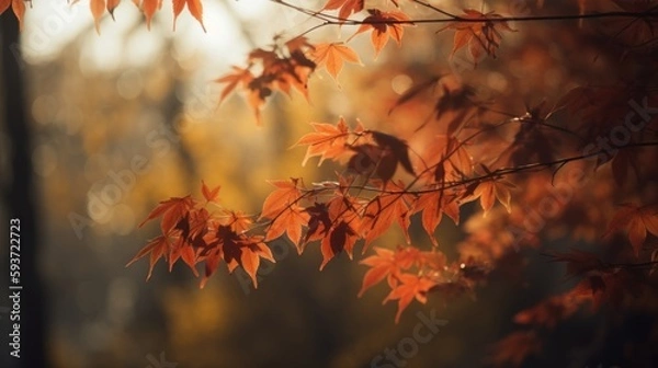 Fototapeta Golden Autumn Leaves Falling Softly from Maple Branches
