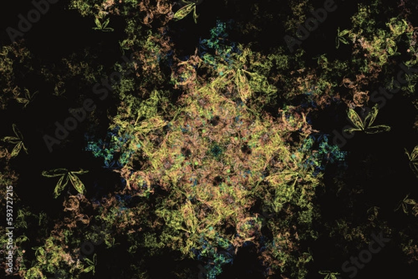 Fototapeta Orange green pattern of crooked strokes on a black background. Abstract fractal 3D rendering