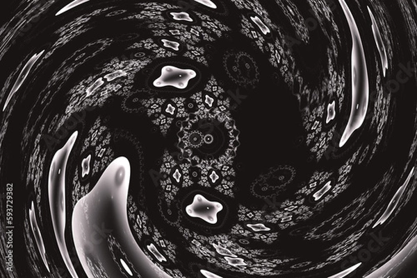Fototapeta White swirling pattern of curved shapes on a black background. Abstract fractal 3D rendering