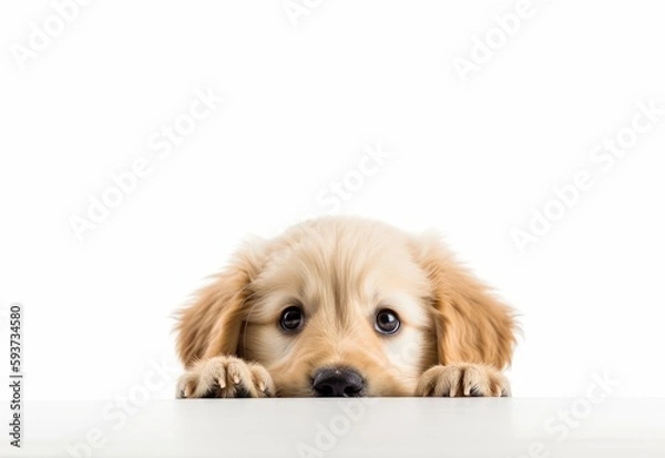 Fototapeta Adorable Golden Retriever Puppy Peeking Out from Behind White Table with Copy Space, Isolated on White Background. Generative AI.