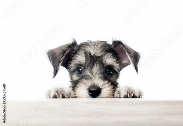 Obraz Adorable Miniature Schnauzer Puppy Peeking Out from Behind White Table with Copy Space, Isolated on White Background. Generative AI.