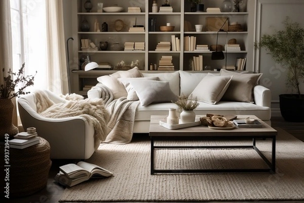 Fototapeta Cozy living room with a neutral color palette, featuring a plush sofa, a coffee table with decorative books and candles, and a statement rug.