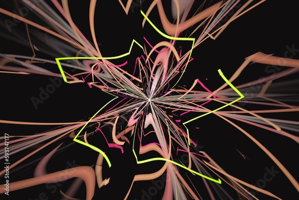 Fototapeta Green red broken pattern of crooked waves on a black background. Abstract fractal 3D rendering