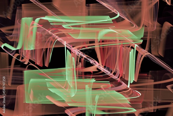 Fototapeta Green red pattern of crooked waves on a black background. Abstract fractal 3D rendering