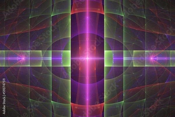 Fototapeta Violet green glowing pattern of curved waves and shapes on a black background. Abstract fractal 3D rendering